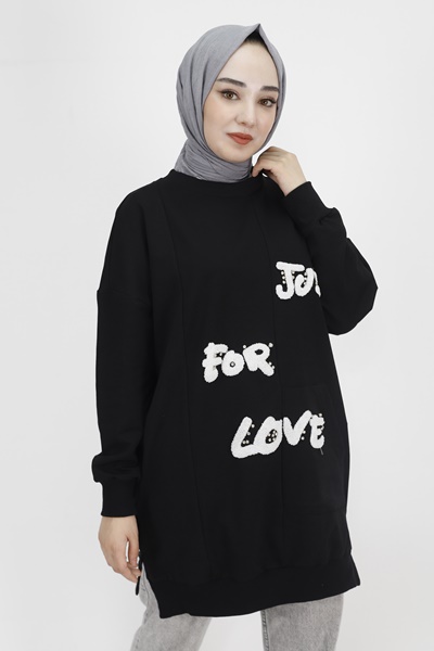 10336 Puane Önü Tüy Baskılı 2 İp Kumaş Sweatshirt-SİYAH