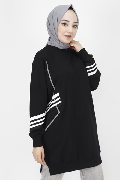 10353 Puane Kolları Ribanalı 2 İp Kumaş Sweatshirt-SİYAH