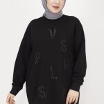 10347 Puane 2 İp Kumaş Taş Baskılı Sweatshirt-SİYAH