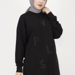 10347 Puane 2 İp Kumaş Taş Baskılı Sweatshirt-SİYAH