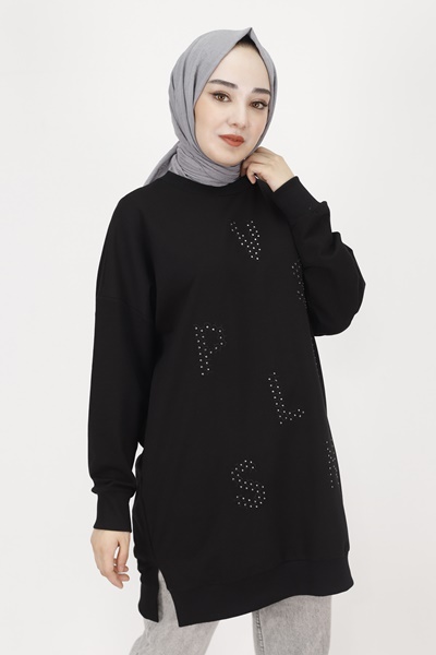 10347 Puane 2 İp Kumaş Taş Baskılı Sweatshirt-SİYAH