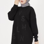 10347 Puane 2 İp Kumaş Taş Baskılı Sweatshirt-SİYAH