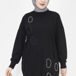 10346 Puane 2 İp Kumaş Taş Ve Nakış Detaylı Sweatshirt-SİYAH