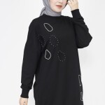 10346 Puane 2 İp Kumaş Taş Ve Nakış Detaylı Sweatshirt-SİYAH