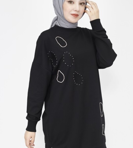 10346 Puane 2 İp Kumaş Taş Ve Nakış Detaylı Sweatshirt-SİYAH