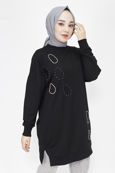 10346 Puane 2 İp Kumaş Taş Ve Nakış Detaylı Sweatshirt-SİYAH