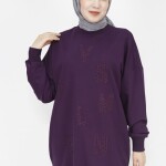 10347 Puane 2 İp Kumaş Taş Baskılı Sweatshirt-MOR