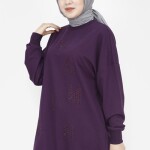 10347 Puane 2 İp Kumaş Taş Baskılı Sweatshirt-MOR