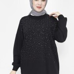 3172 Taş Baskılı 2 İp Kumaş Sweatshirt-SİYAH