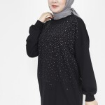 3172 Taş Baskılı 2 İp Kumaş Sweatshirt-SİYAH