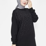 3172 Taş Baskılı 2 İp Kumaş Sweatshirt-SİYAH