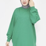 3172 Taş Baskılı 2 İp Kumaş Sweatshirt-YEŞİL