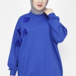 23282 2 İp Kumaş Tüy Ve İnci Detaylı Oversize Sweatshirt-SAKS