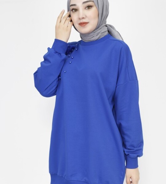 23282 2 İp Kumaş Tüy Ve İnci Detaylı Oversize Sweatshirt-SAKS