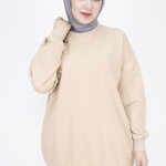 23282 2 İp Kumaş Tüy Ve İnci Detaylı Oversize Sweatshirt-BEJ