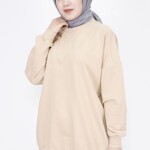 23282 2 İp Kumaş Tüy Ve İnci Detaylı Oversize Sweatshirt-BEJ