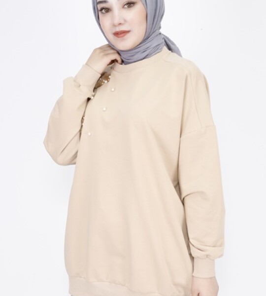 23282 2 İp Kumaş Tüy Ve İnci Detaylı Oversize Sweatshirt-BEJ