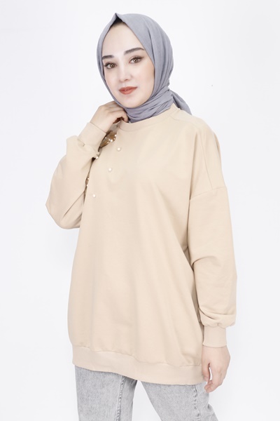 23282 2 İp Kumaş Tüy Ve İnci Detaylı Oversize Sweatshirt-BEJ