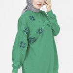 23282 2 İp Kumaş Tüy Ve İnci Detaylı Oversize Sweatshirt-YEŞİL