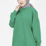 23282 2 İp Kumaş Tüy Ve İnci Detaylı Oversize Sweatshirt-YEŞİL