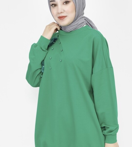 23282 2 İp Kumaş Tüy Ve İnci Detaylı Oversize Sweatshirt-YEŞİL