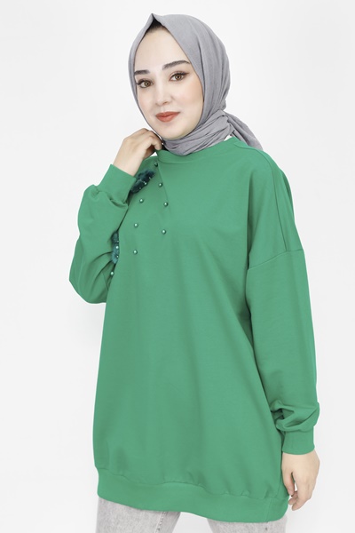 23282 2 İp Kumaş Tüy Ve İnci Detaylı Oversize Sweatshirt-YEŞİL