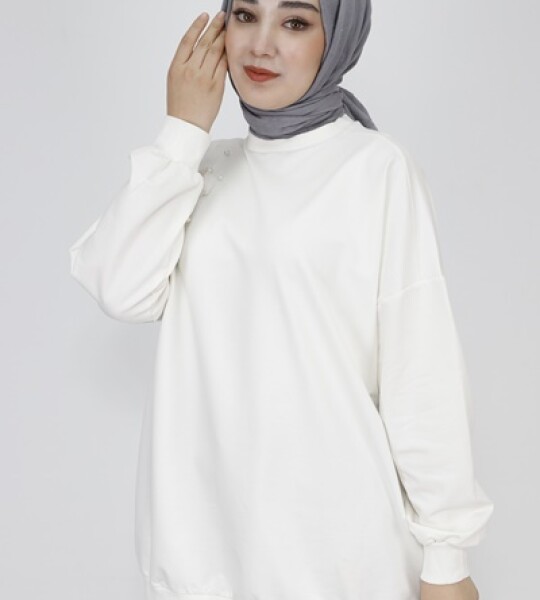 23282 2 İp Kumaş Tüy Ve İnci Detaylı Oversize Sweatshirt-EKRU