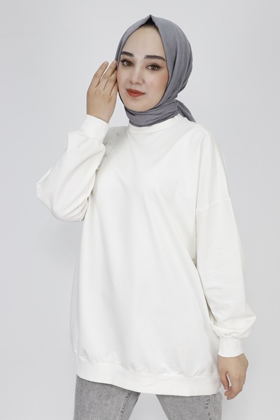 23282 2 İp Kumaş Tüy Ve İnci Detaylı Oversize Sweatshirt-EKRU