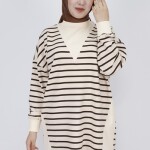 10375 Puane 2 İp Kumaş Çizgili Sweatshirt-KAHVE