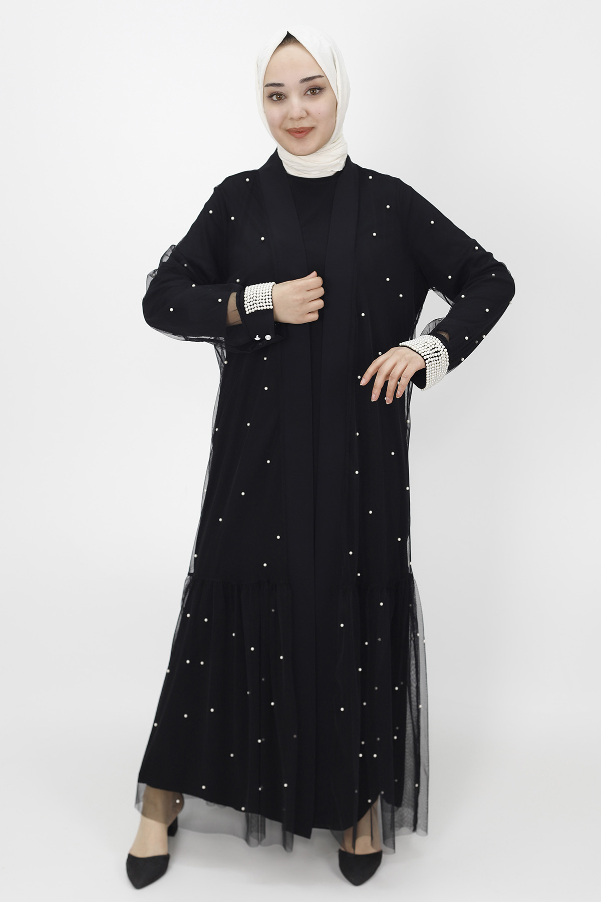 3013 İnci Detaylı Tül Abaya