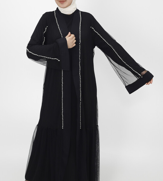 3014 Boncuk Detaylı Tül Abaya