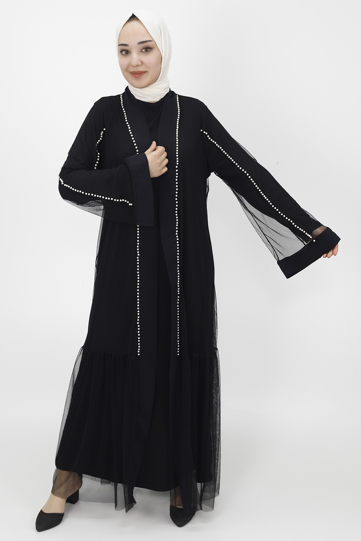 3014 Boncuk Detaylı Tül Abaya