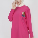 6972 Pul İşleme Detaylı 2 İp Kumaş Sweatshirt-FUŞYA