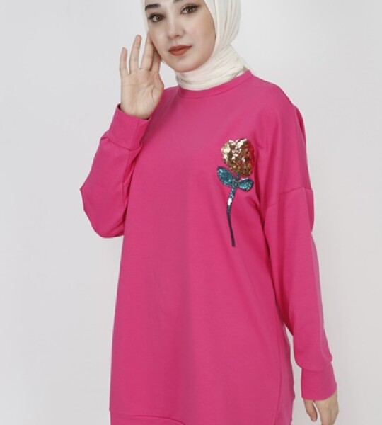 6972 Pul İşleme Detaylı 2 İp Kumaş Sweatshirt-FUŞYA