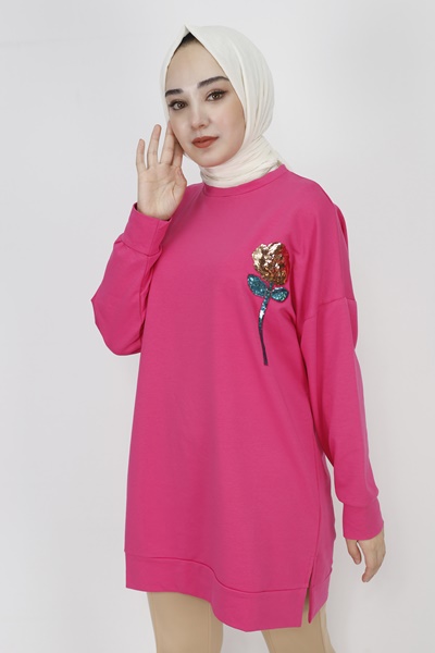 6972 Pul İşleme Detaylı 2 İp Kumaş Sweatshirt-FUŞYA