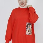 23001 2 İp Kumaş İnci Ve Baskı Detaylı Oversize Sweatshirt-ORANJ