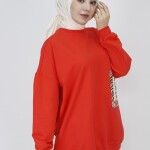 23001 2 İp Kumaş İnci Ve Baskı Detaylı Oversize Sweatshirt-ORANJ