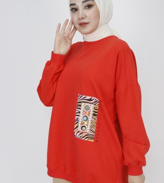 23001 2 İp Kumaş İnci Ve Baskı Detaylı Oversize Sweatshirt-ORANJ