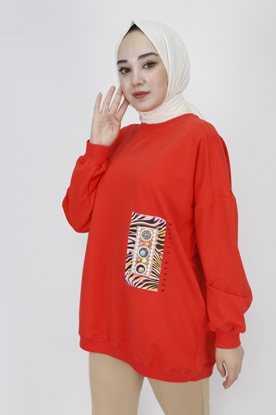 23001 2 İp Kumaş İnci Ve Baskı Detaylı Oversize Sweatshirt-ORANJ