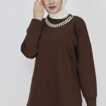 6988 Zincir Kolye Detaylı 2 İp Kumaş Sweatshirt-KAHVE