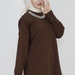 6988 Zincir Kolye Detaylı 2 İp Kumaş Sweatshirt-KAHVE