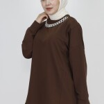 6988 Zincir Kolye Detaylı 2 İp Kumaş Sweatshirt-KAHVE