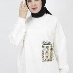 23001 2 İp Kumaş İnci Ve Baskı Detaylı Oversize Sweatshirt-EKRU