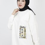 23001 2 İp Kumaş İnci Ve Baskı Detaylı Oversize Sweatshirt-EKRU