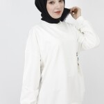 23001 2 İp Kumaş İnci Ve Baskı Detaylı Oversize Sweatshirt-EKRU