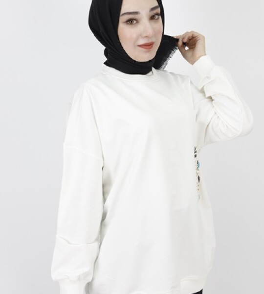 23001 2 İp Kumaş İnci Ve Baskı Detaylı Oversize Sweatshirt-EKRU