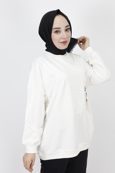 23001 2 İp Kumaş İnci Ve Baskı Detaylı Oversize Sweatshirt-EKRU