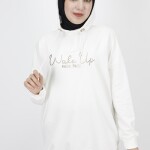 23299 2 İp Kumaş Yazı Baskılı Sweatshirt-EKRU