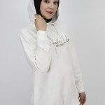 23299 2 İp Kumaş Yazı Baskılı Sweatshirt-EKRU