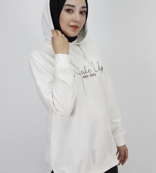 23299 2 İp Kumaş Yazı Baskılı Sweatshirt-EKRU